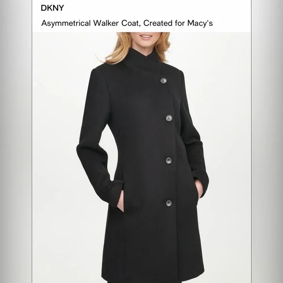 DKNY Asymmetrical Wool Walker Coat Black S - Picture 1 of 16